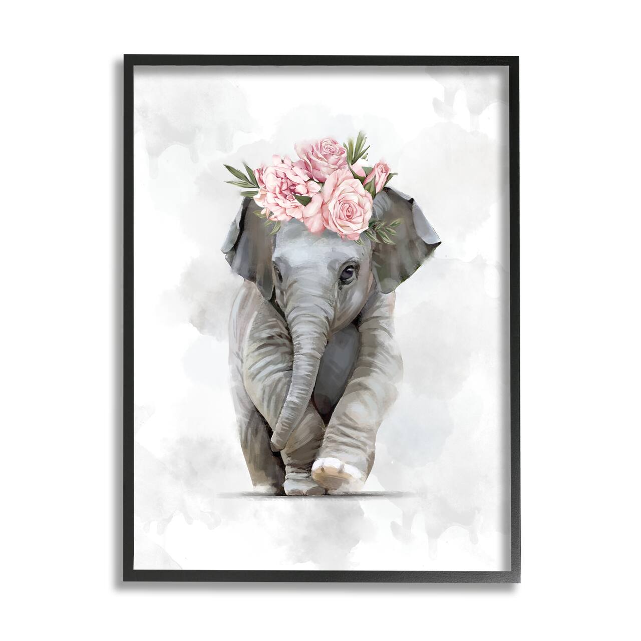 Stupell Industries Adorable Baby Elephant Eye-Catching Pink Flower Crown in Black Frame Wall Art